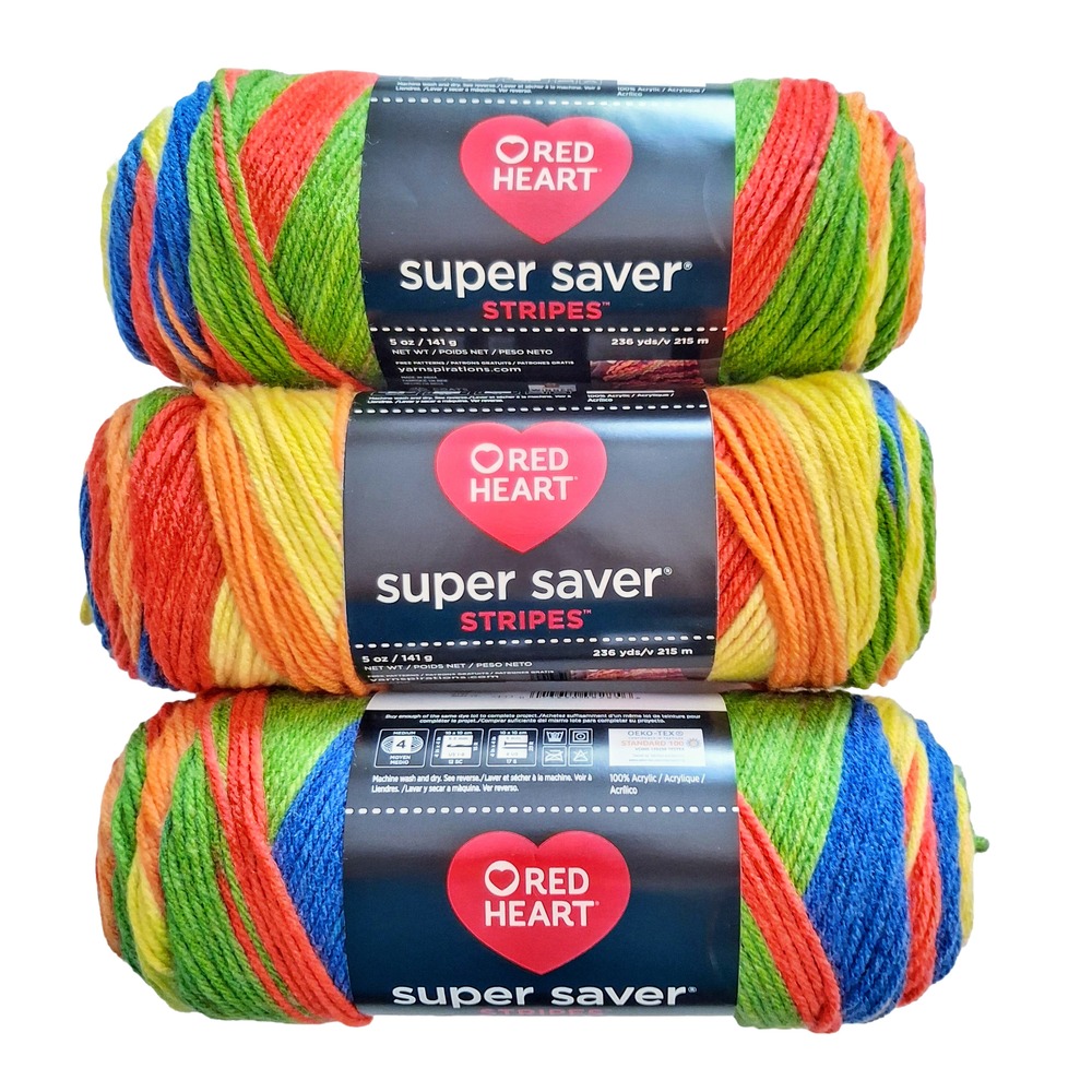 Red Heart Super Saver Stripes Yarn - Rainbow Color - 3 Skeins
